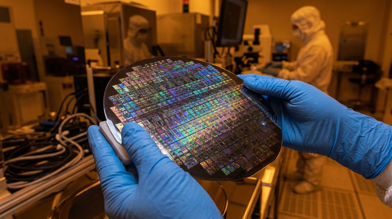 Temiz odada mavi eldivenli ellerde tutulan işlenmiş silikon wafer