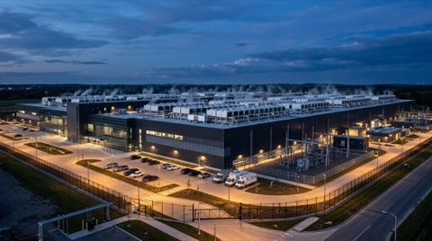 Alacakaranlıkta havadan veri merkezi: çatısı soğutma üniteleriyle kaplı bloklar