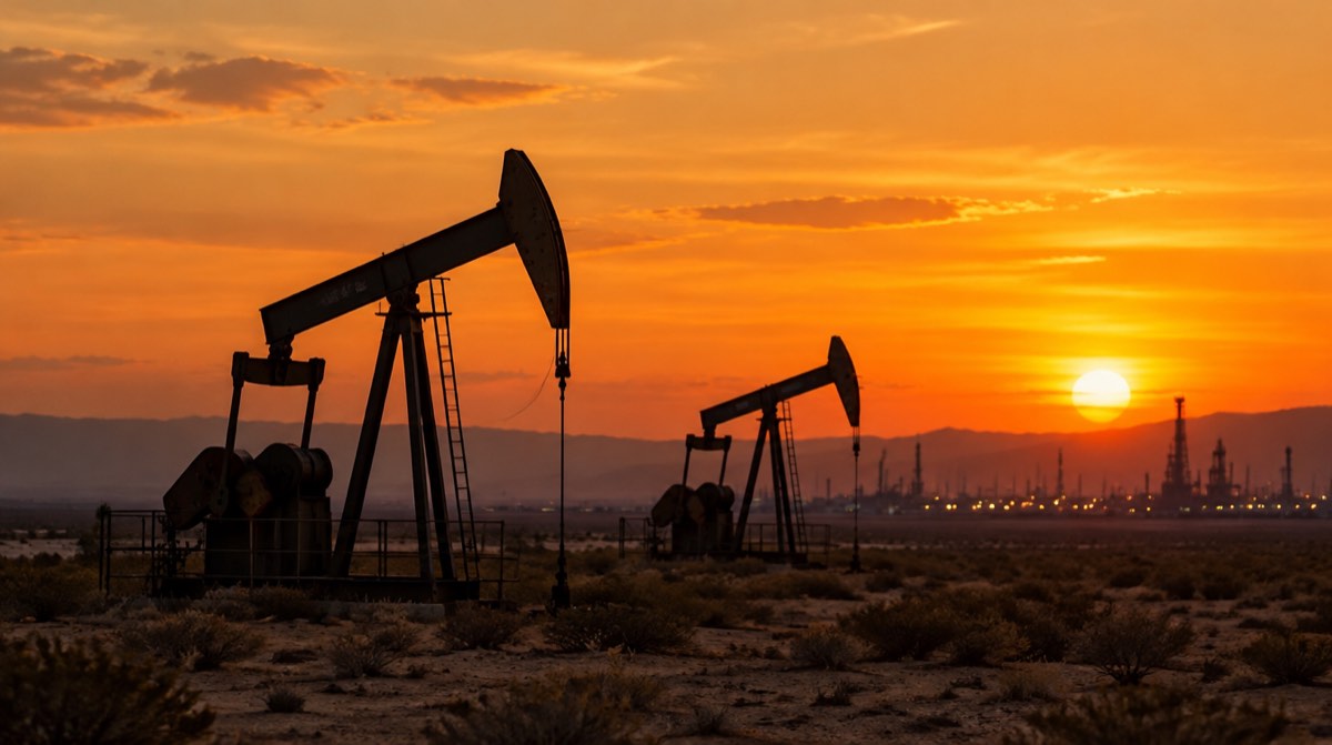 Çölde gün batımında petrol pompaları ve uzakta bir rafineri silueti