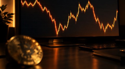 Bir işlem ekranında keskin dalgalanmalar gösteren fiyat grafiği; önde fiziksel bir bitcoin temsili