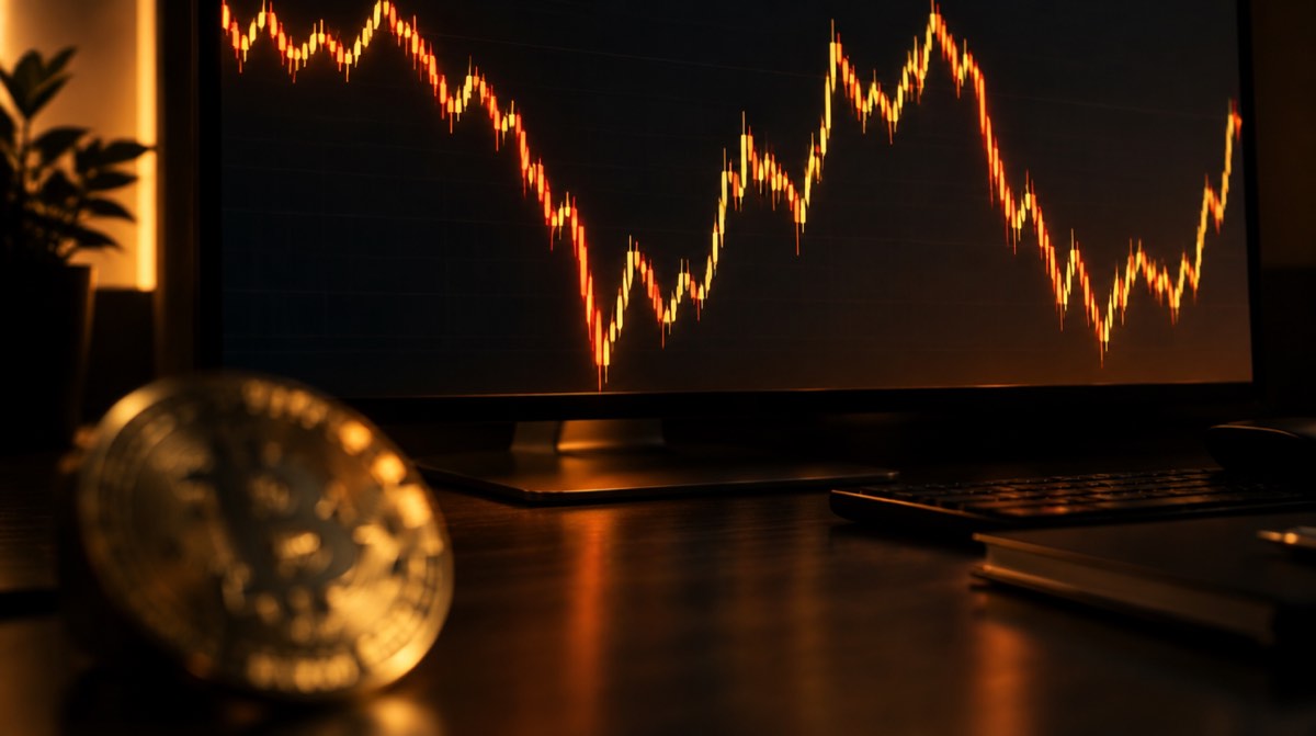 Bir işlem ekranında keskin dalgalanmalar gösteren fiyat grafiği; önde fiziksel bir bitcoin temsili