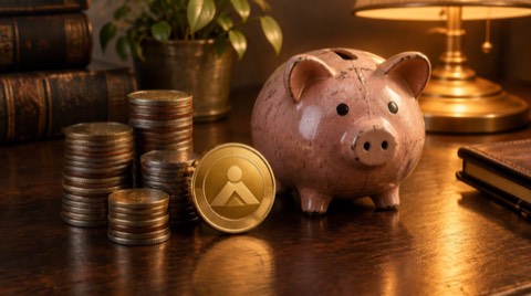Eski tip bir kumbaranın yanında üst üste dizilmiş madeni paralar ve tek bir altın renkli bitcoin temsili