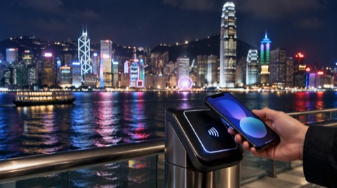 Hong Kong'un gece silueti ve önde temassız ödeme yapılan bir telefon