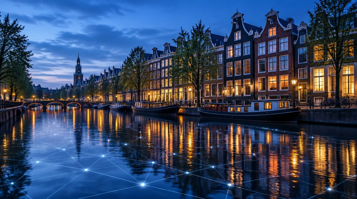 Amsterdam kanalı kenarında geceleyin ışıklı evler ve suya yansıyan ağ çizgileri