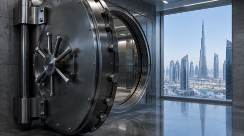Dubai'nin finans bölgesinde gökdelenler ve bir bankanın kasa odasını andıran çelik kapı