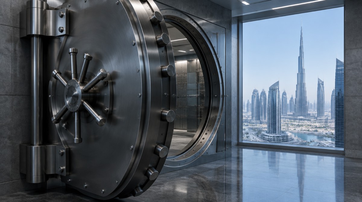 Dubai'nin finans bölgesinde gökdelenler ve bir bankanın kasa odasını andıran çelik kapı