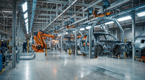 Otomobil fabrikasının gövde hattı; turuncu robot kolları kaynak yaparken hat boyunca boyasız araç gövdeleri sıralanıyor