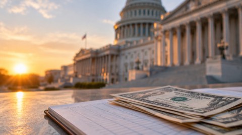 Gün doğumunda Washington'da Kongre binası; önde bir defterin üzerinde dolar banknotları