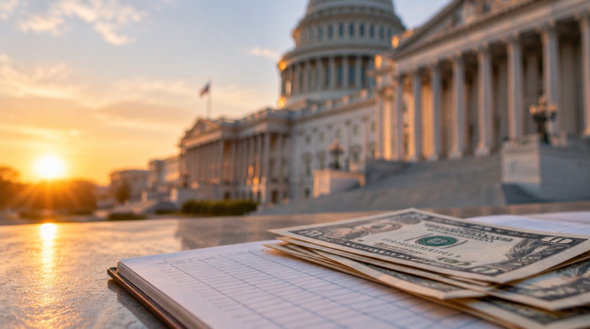 Gün doğumunda Washington'da Kongre binası; önde bir defterin üzerinde dolar banknotları