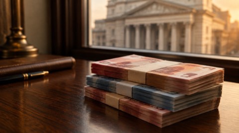 Merkez bankası binasını andıran görkemli bir cephenin önünde Türk lirası banknotlarının yakın planı