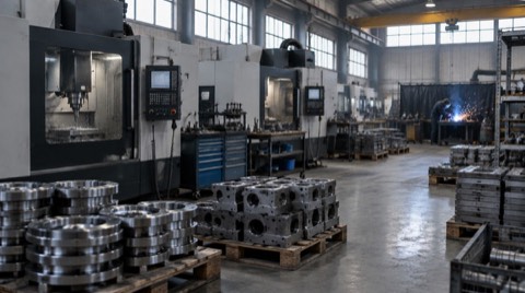 Bir imalat tesisinde çalışan CNC tezgâhları ve metal parçalar
