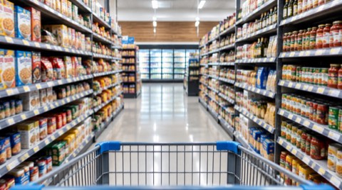 Amerikan süpermarketinde fiyat etiketleri bulanık raflar ve alışveriş arabası