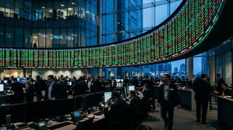 Borsa salonunda kavisli dev fiyat panosu; yeşil ve kırmızı kotasyonlar akıyor