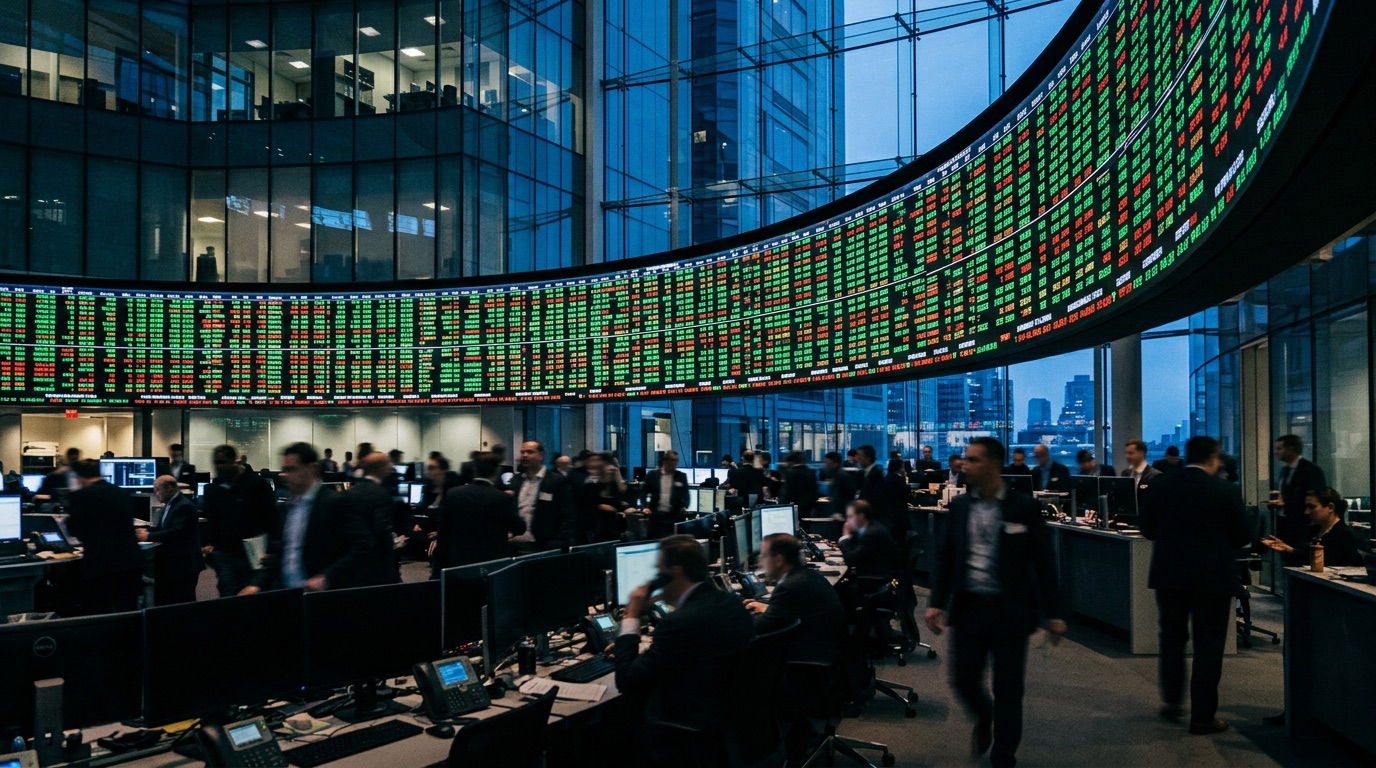 Borsa salonunda kavisli dev fiyat panosu; yeşil ve kırmızı kotasyonlar akıyor
