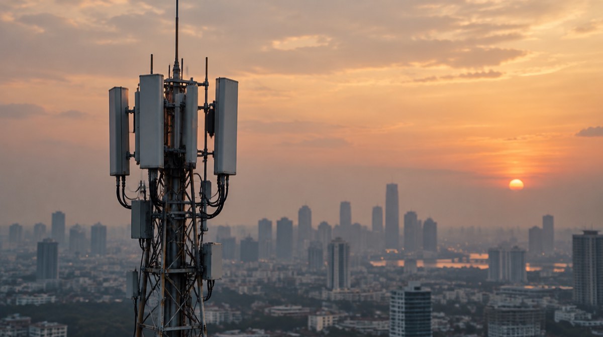 Şehir siluetinin üzerinde yükselen telekomünikasyon kulesi ve baz istasyonu antenleri