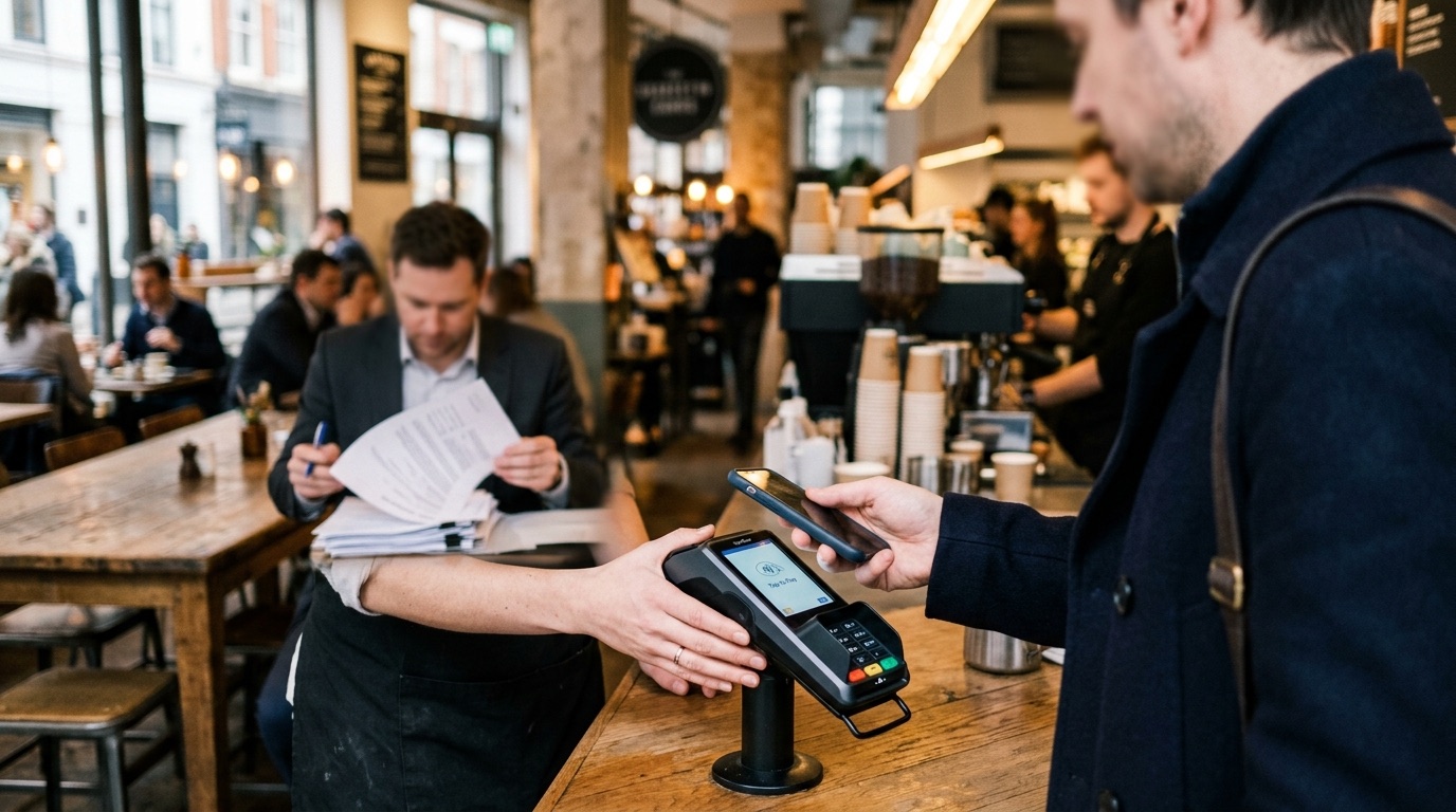 Kafede telefonuyla POS cihazına temassız ödeme yapan müşteri