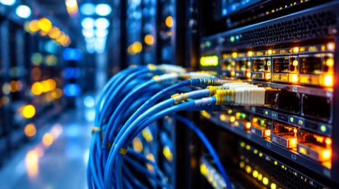 Bulut veri merkezinde fiber optik kablolar ve ışıklı ağ anahtarları