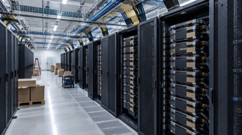 Yeni kurulan bir veri merkezinde paketlerinden çıkarılmış GPU sunucu rafları