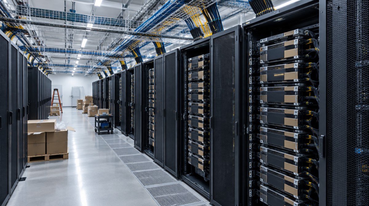 Yeni kurulan bir veri merkezinde paketlerinden çıkarılmış GPU sunucu rafları